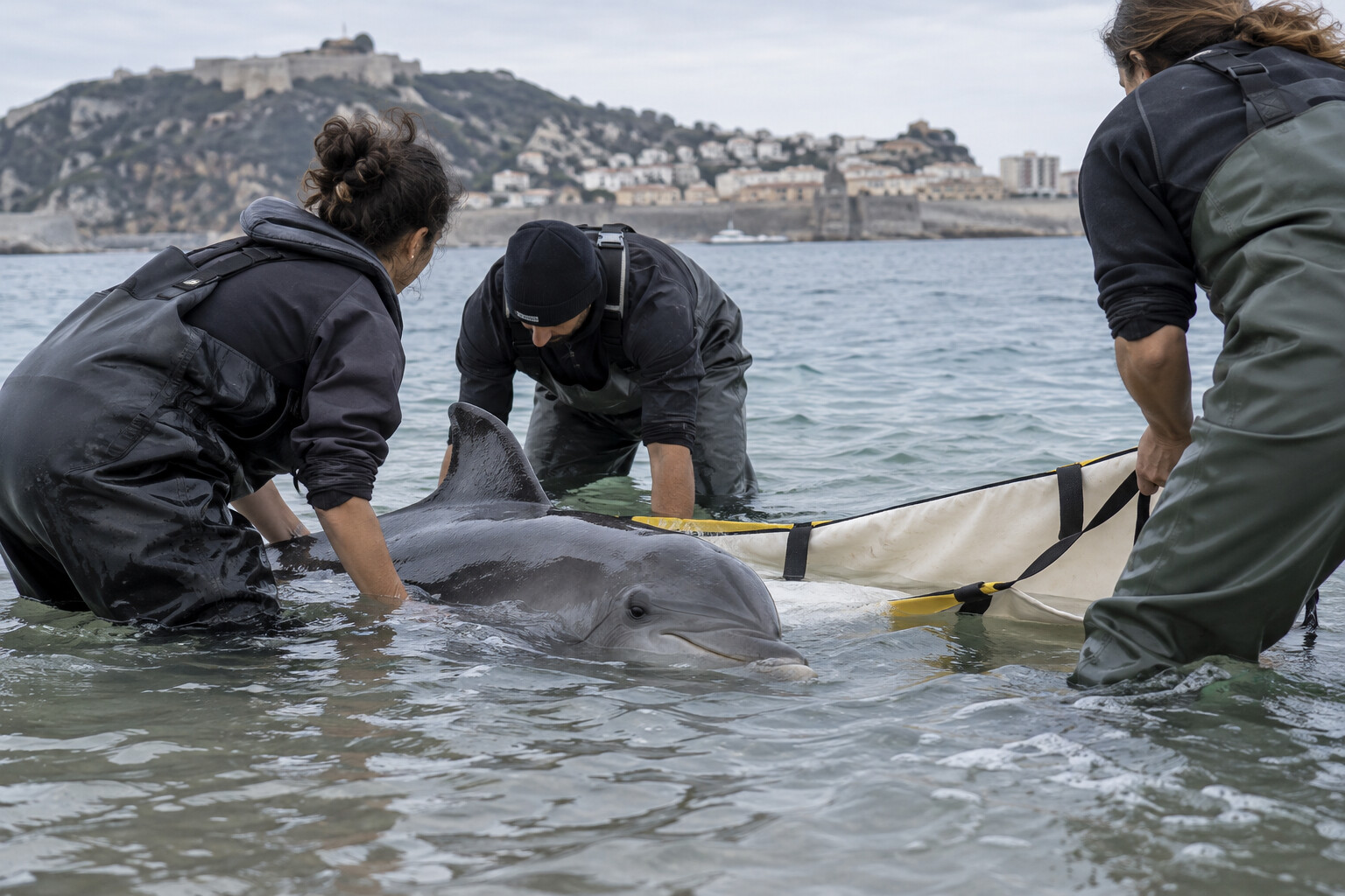 Illustrative image of trained responders assisting a young dolphin in shallow coastal water