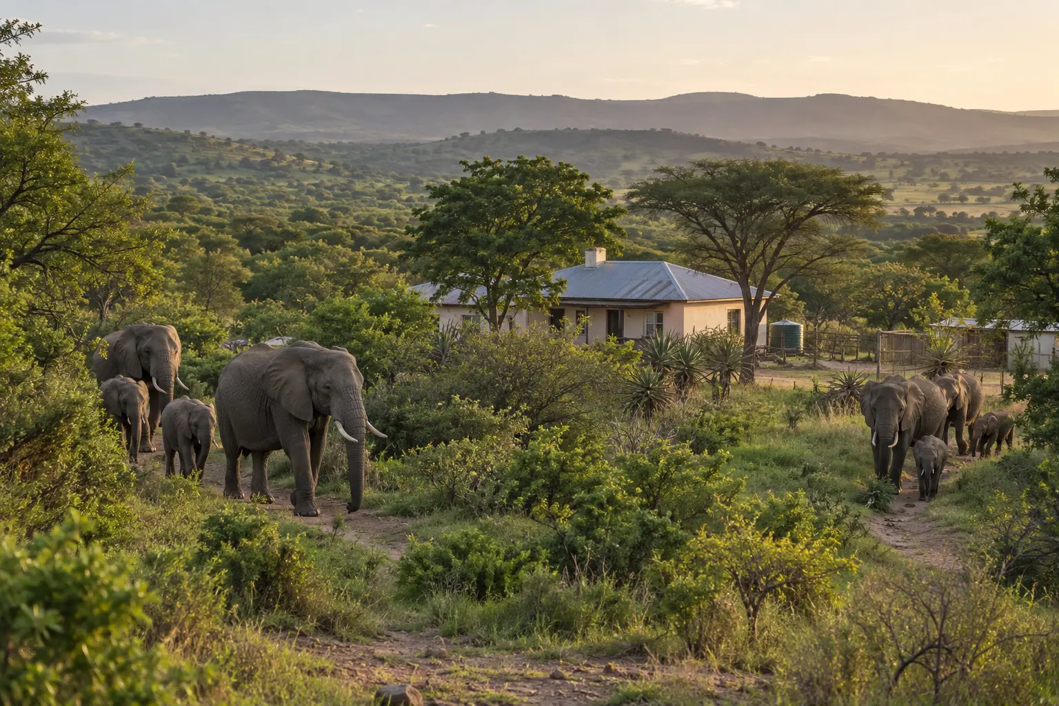 Two elephant family groups approach a homestead on a South African wildlife reserve