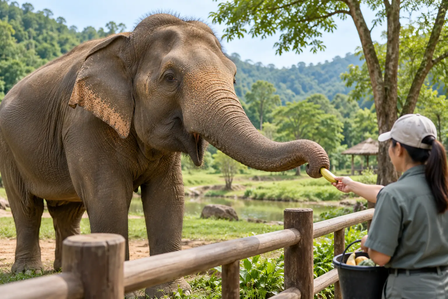 Elephant receiving calm positive-reinforcement care through protected contact