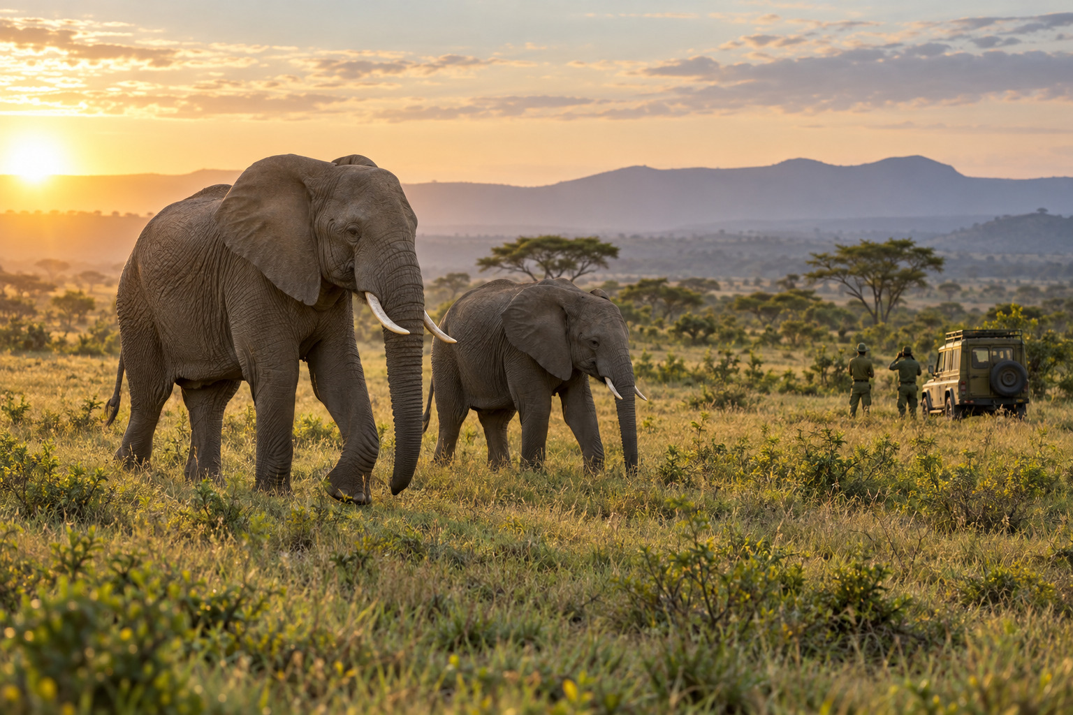 Editorial reconstruction of two African elephants crossing a savanna while distant wildlife rangers observe near a conservation vehicle.