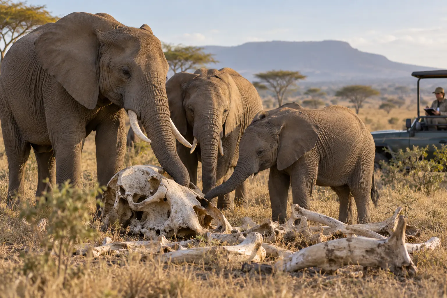 African elephants investigate an old elephant skull and bones while a field researcher observes
