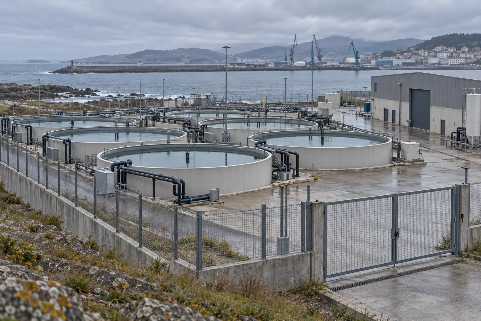 An empty coastal aquaculture facility with circular tanks and closed gates