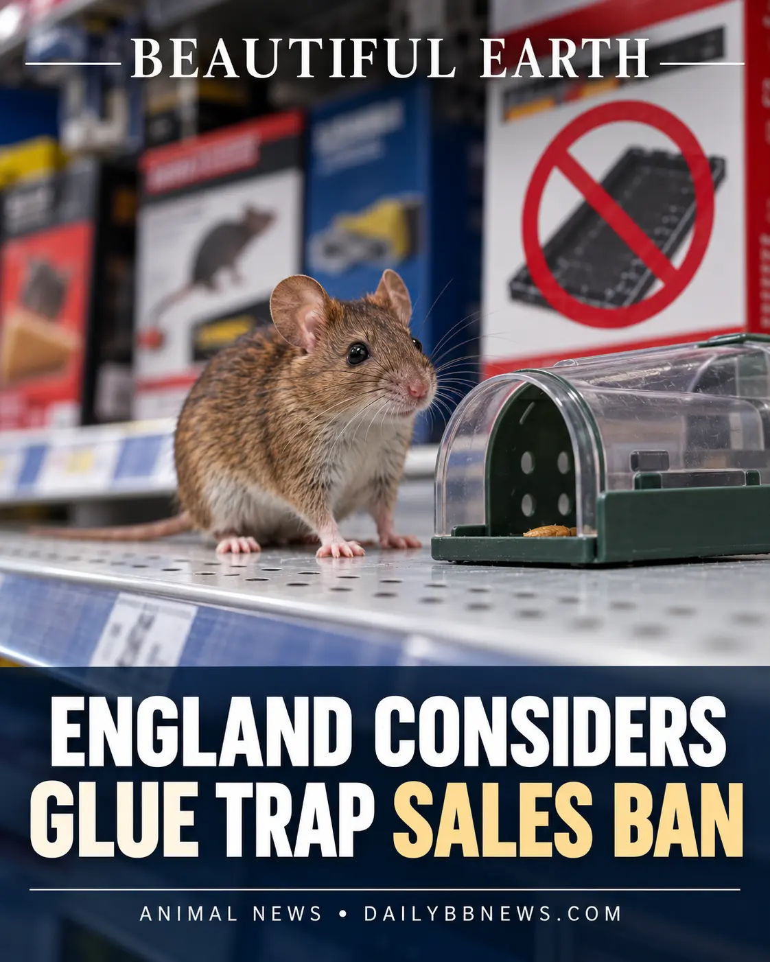 Mouse beside a humane trap with the headline England Considers Glue Trap Sales Ban