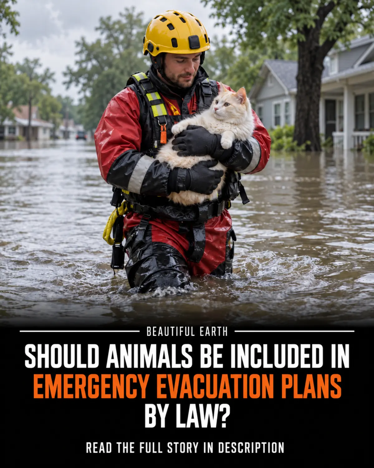 A flood rescue worker carrying a cat above floodwater