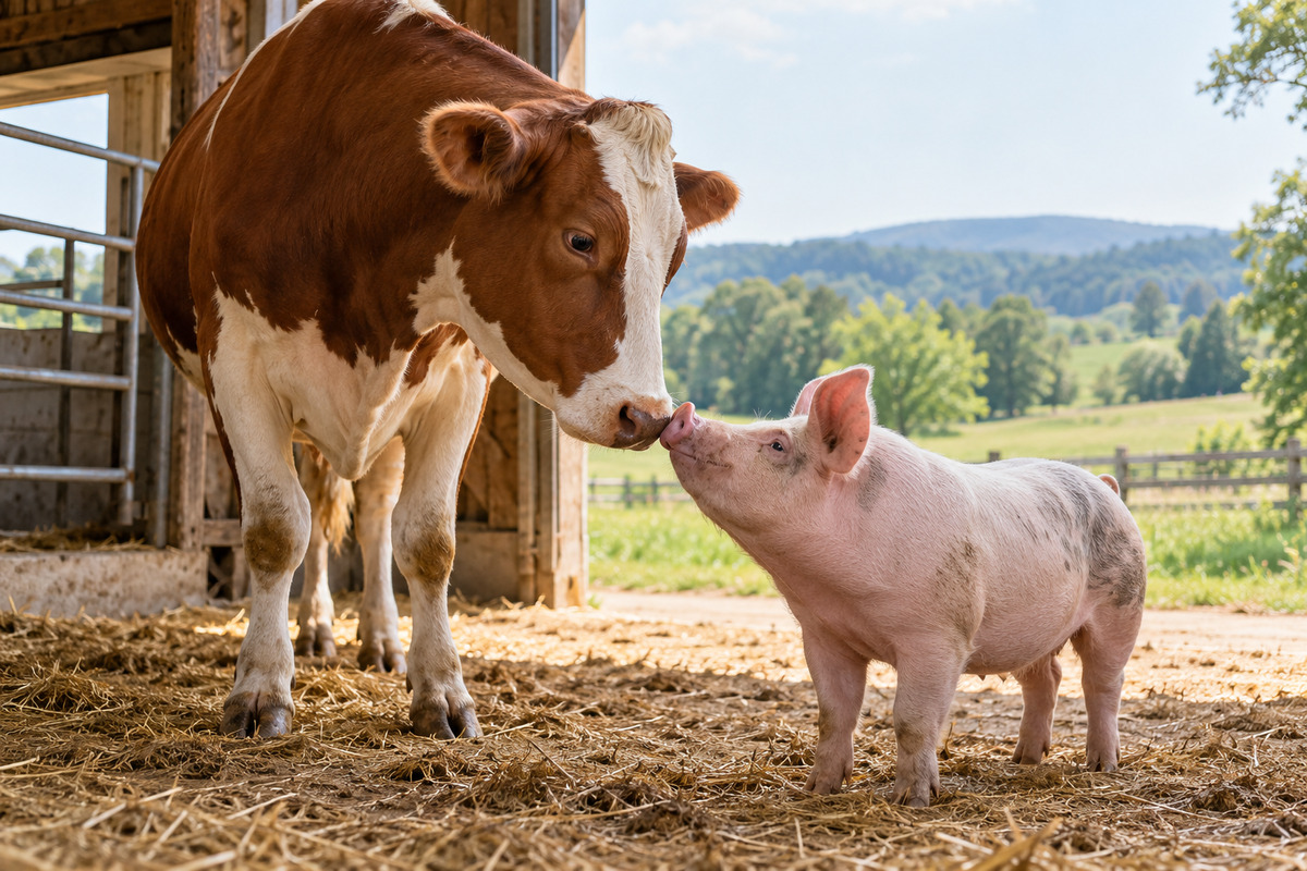 A cow and pig interacting calmly at the entrance of a spacious barn