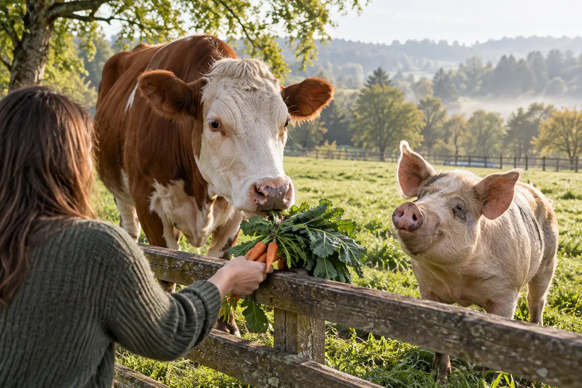 A cow and pig receiving vegetables at a peaceful sanctuary pasture