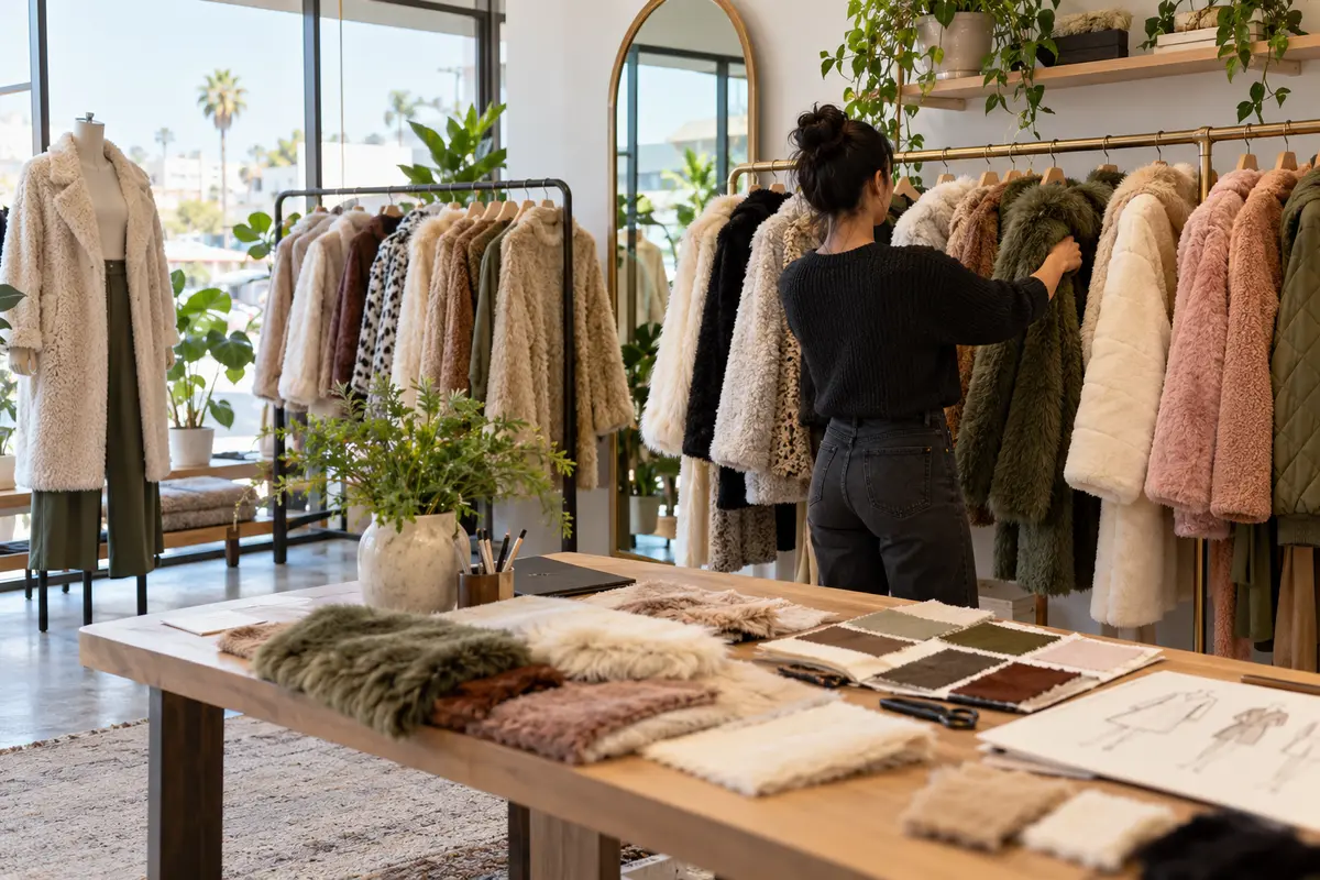 A shop worker arranging faux-fur coats in a modern California boutique