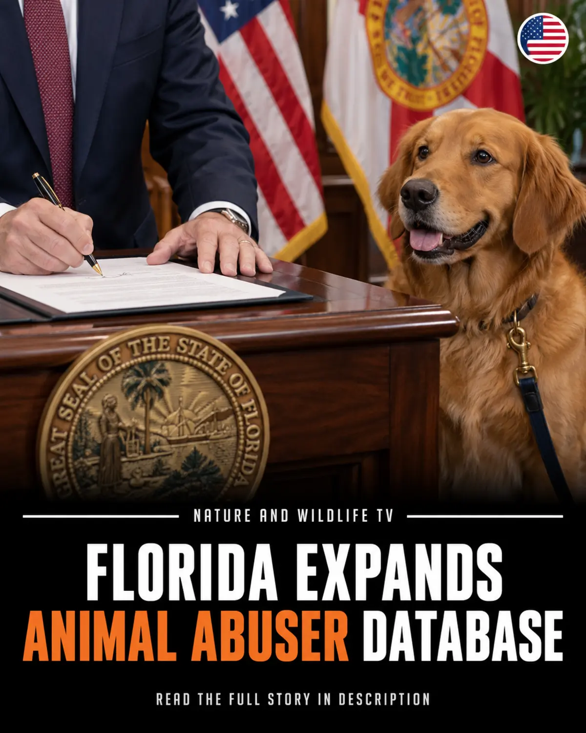 Official signing scene with a rescued dog above a headline about Florida expanding its animal-abuser database