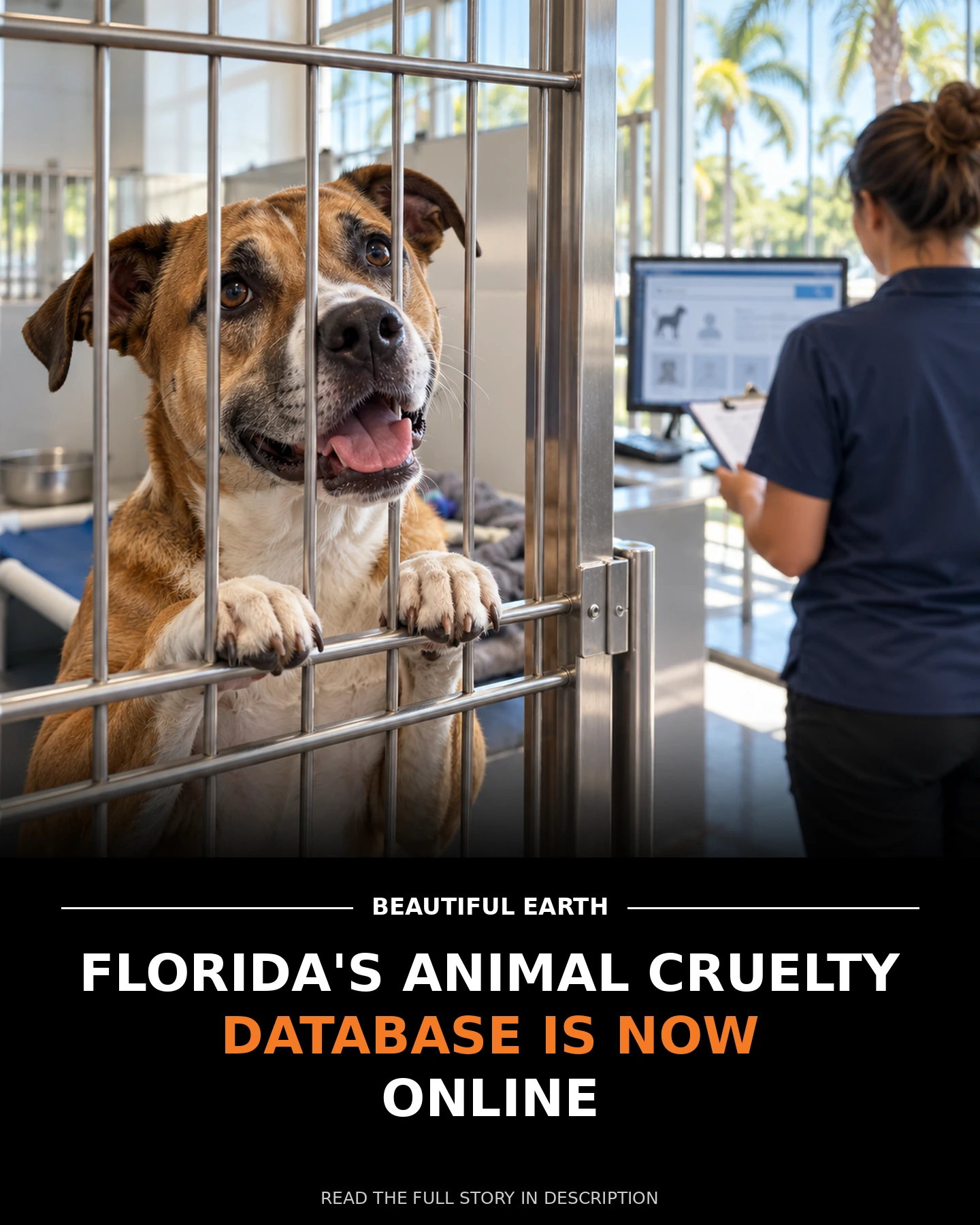 Shelter dog beside an adoption-screening workstation in Florida