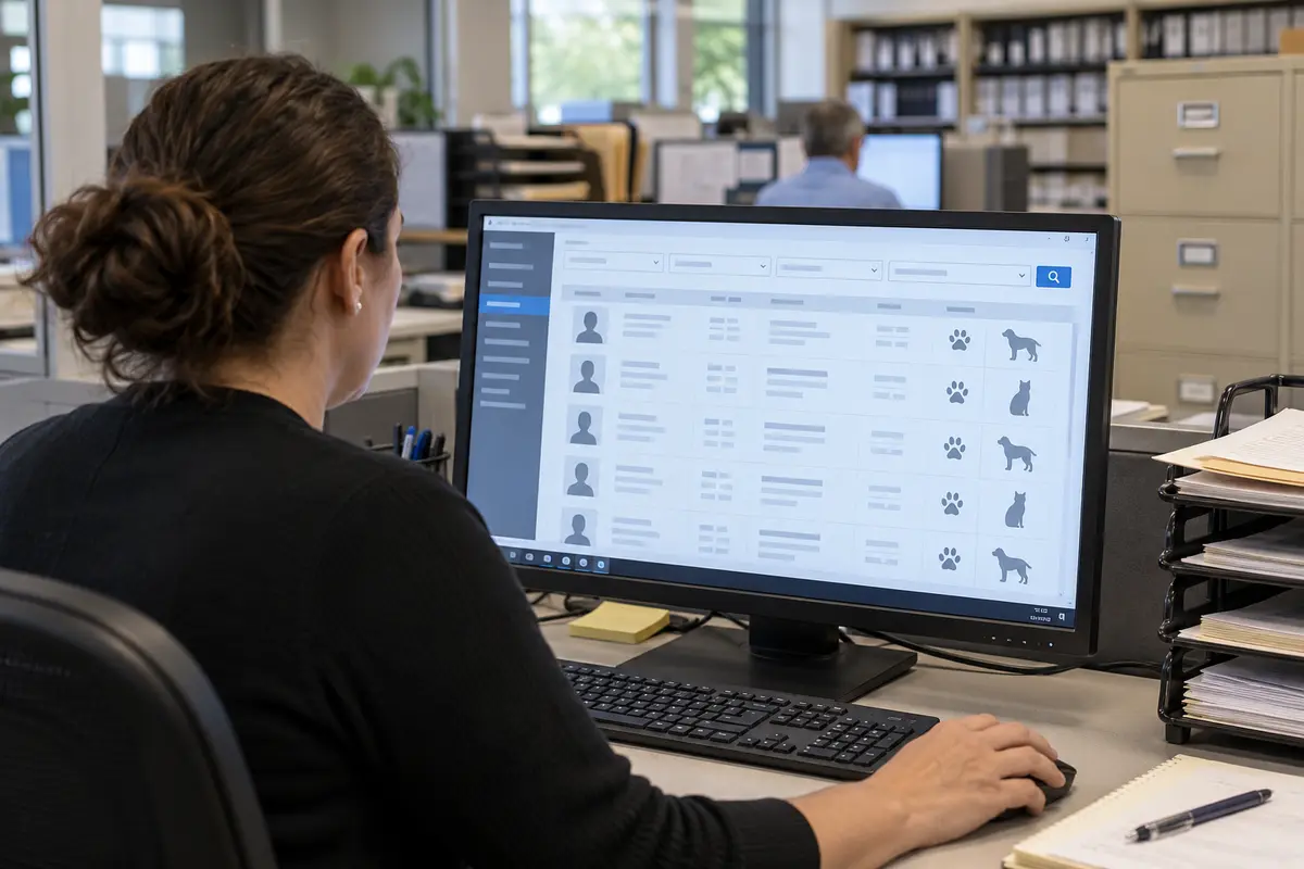 Staff member reviewing a generic searchable animal-cruelty records interface