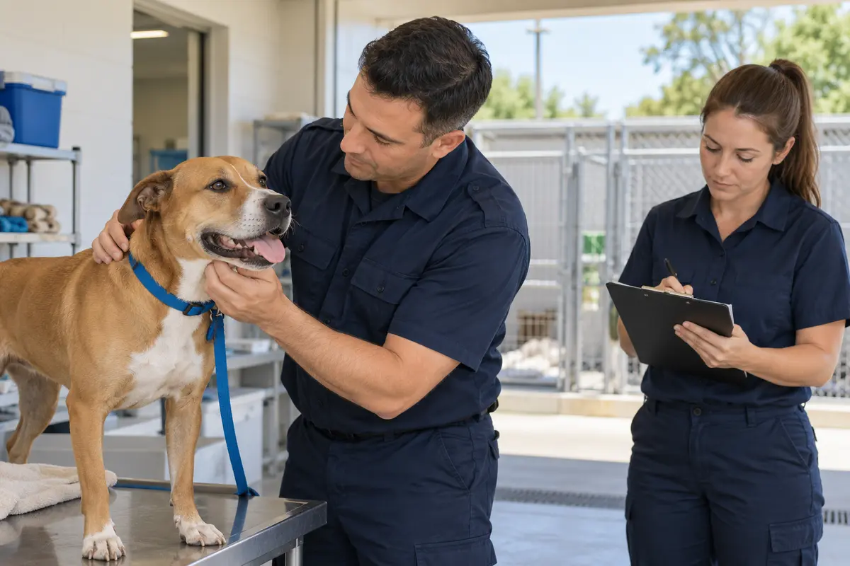 Animal-control staff examining a healthy rescued dog at a shelter