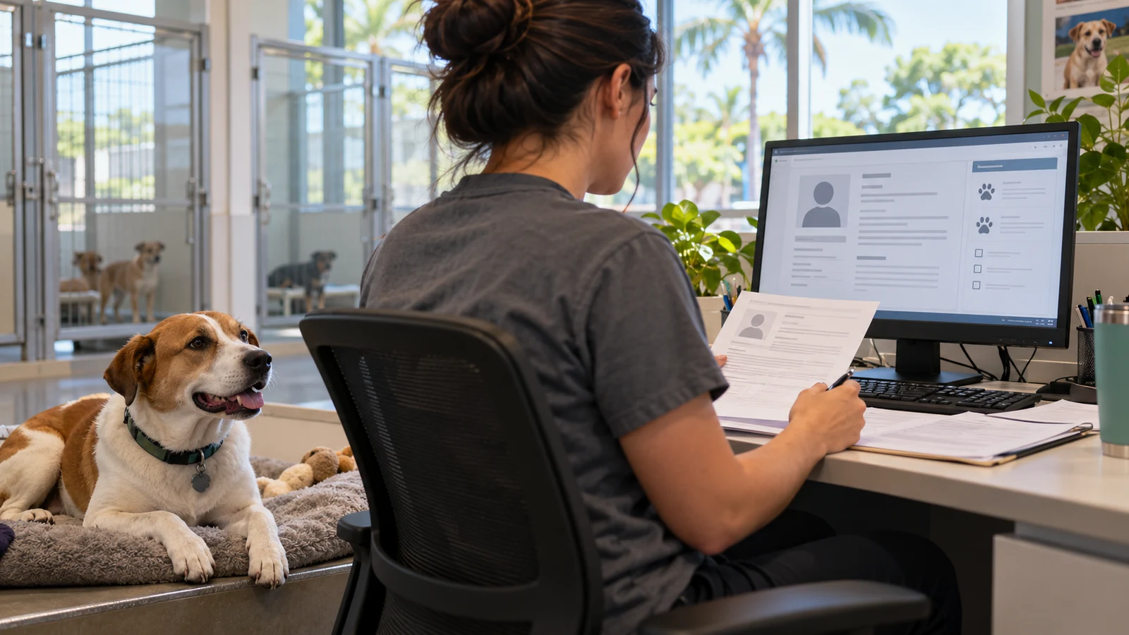 Shelter worker reviews an adoption applicant while a dog waits nearby