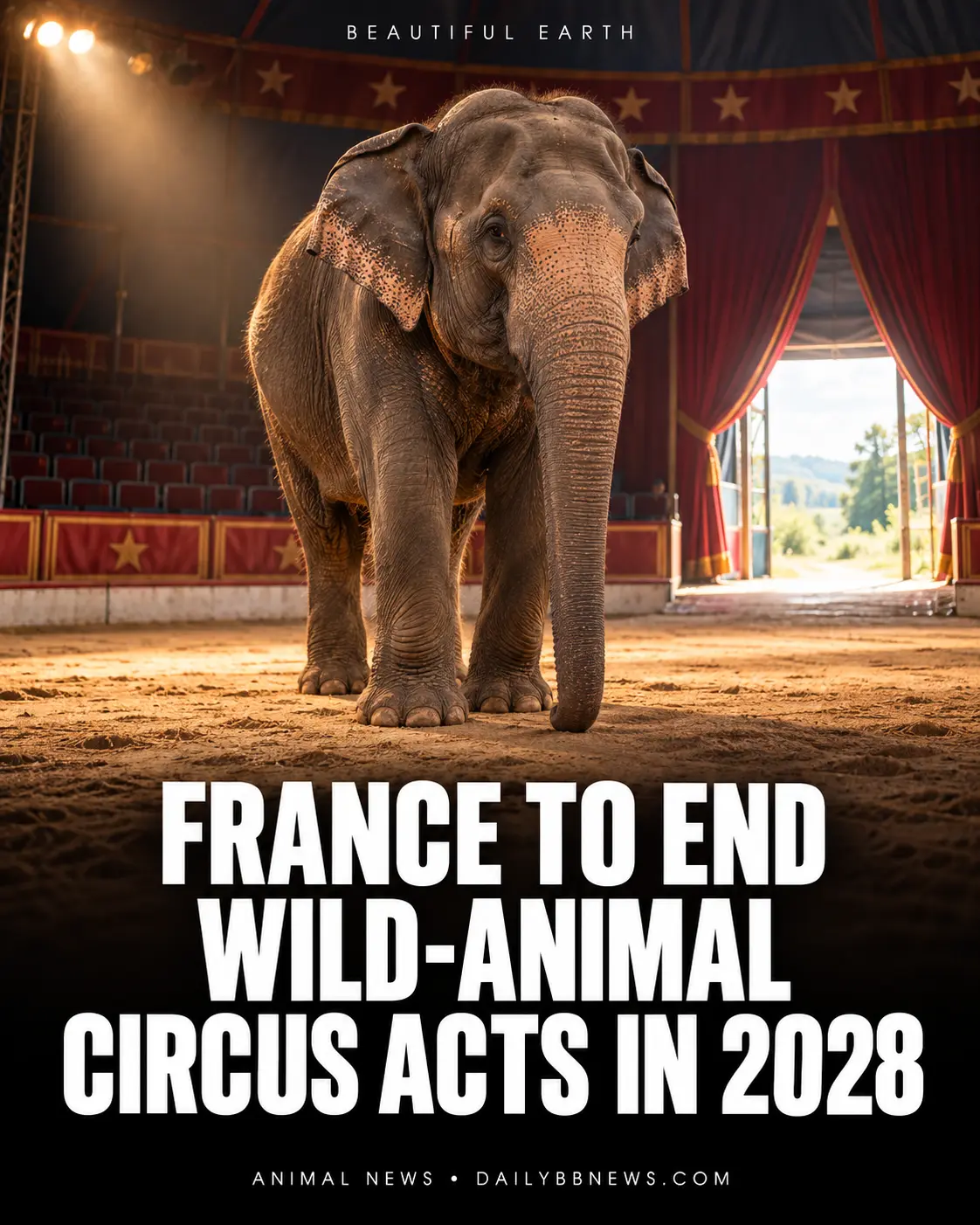 Elephant in an empty circus ring with headline France to end wild-animal circus acts in 2028