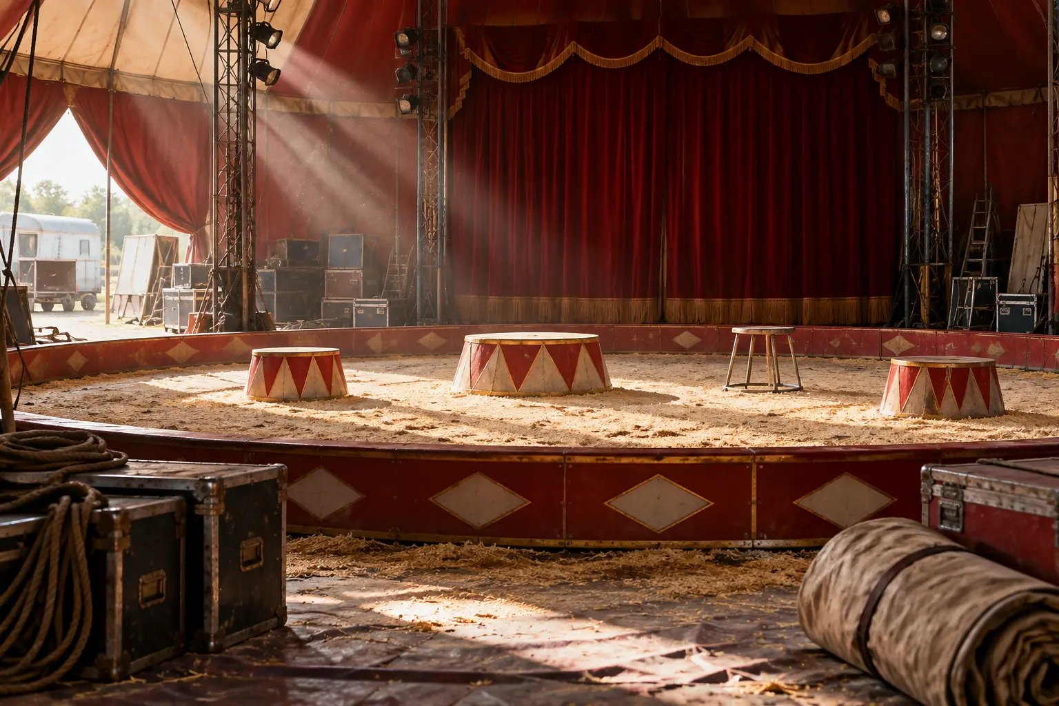 An empty travelling circus ring as equipment is packed away