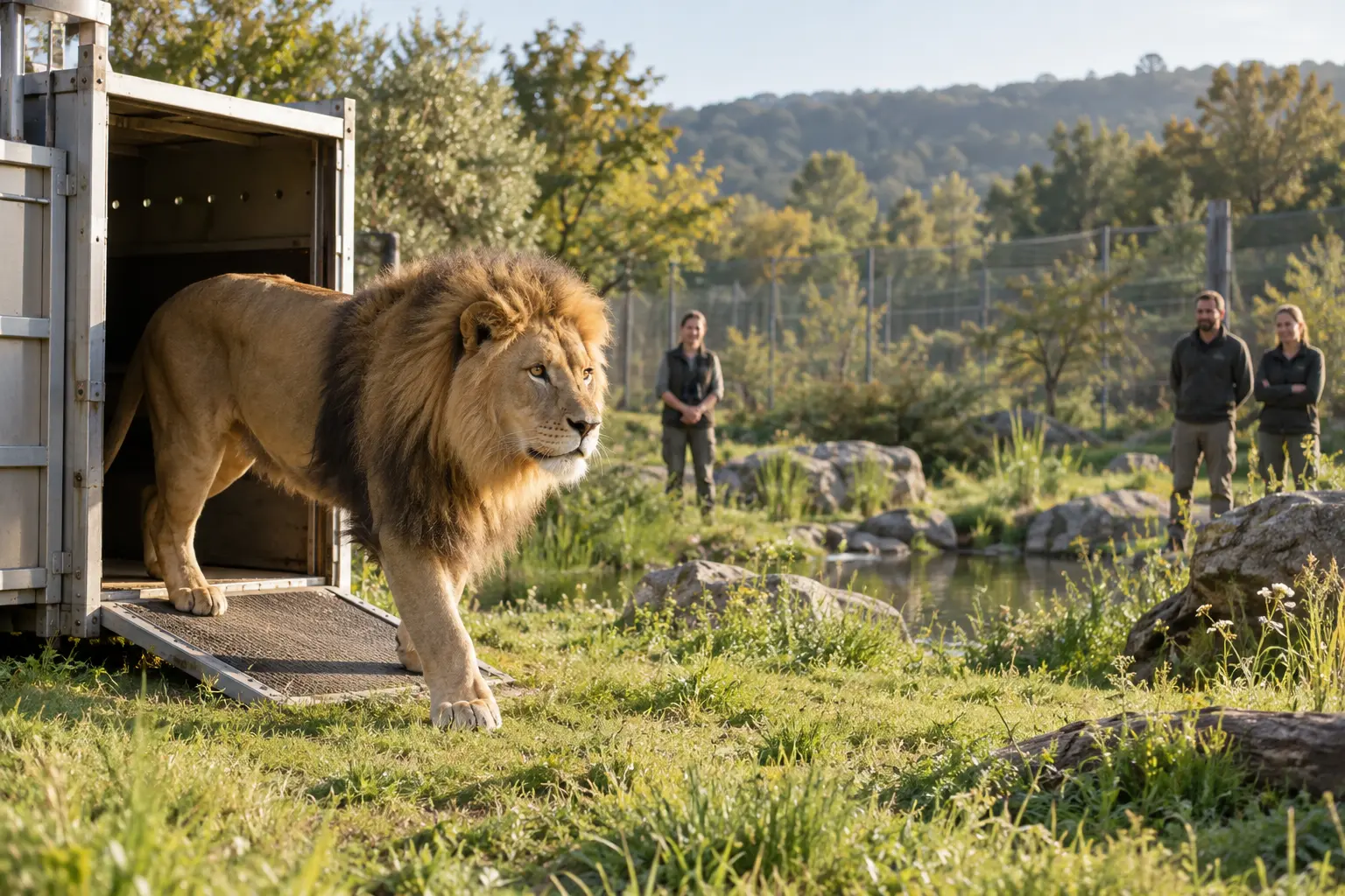 Lion stepping from a transport crate into a spacious wildlife sanctuary enclosure