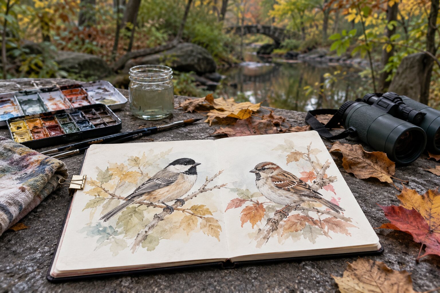 Educational reconstruction of bird watercolors and field supplies in Central Park.