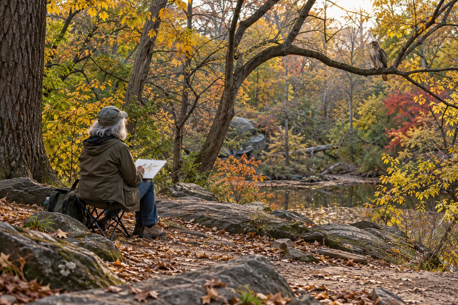 Educational reconstruction of a wildlife artist observing birds in Central Park's Ramble.