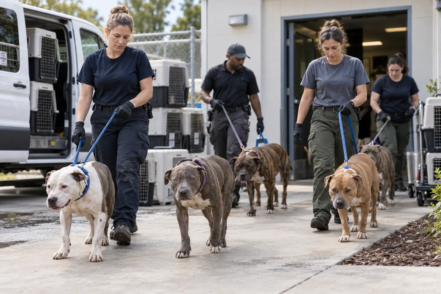 Animal-control officers and shelter staff guide rescued dogs toward veterinary intake