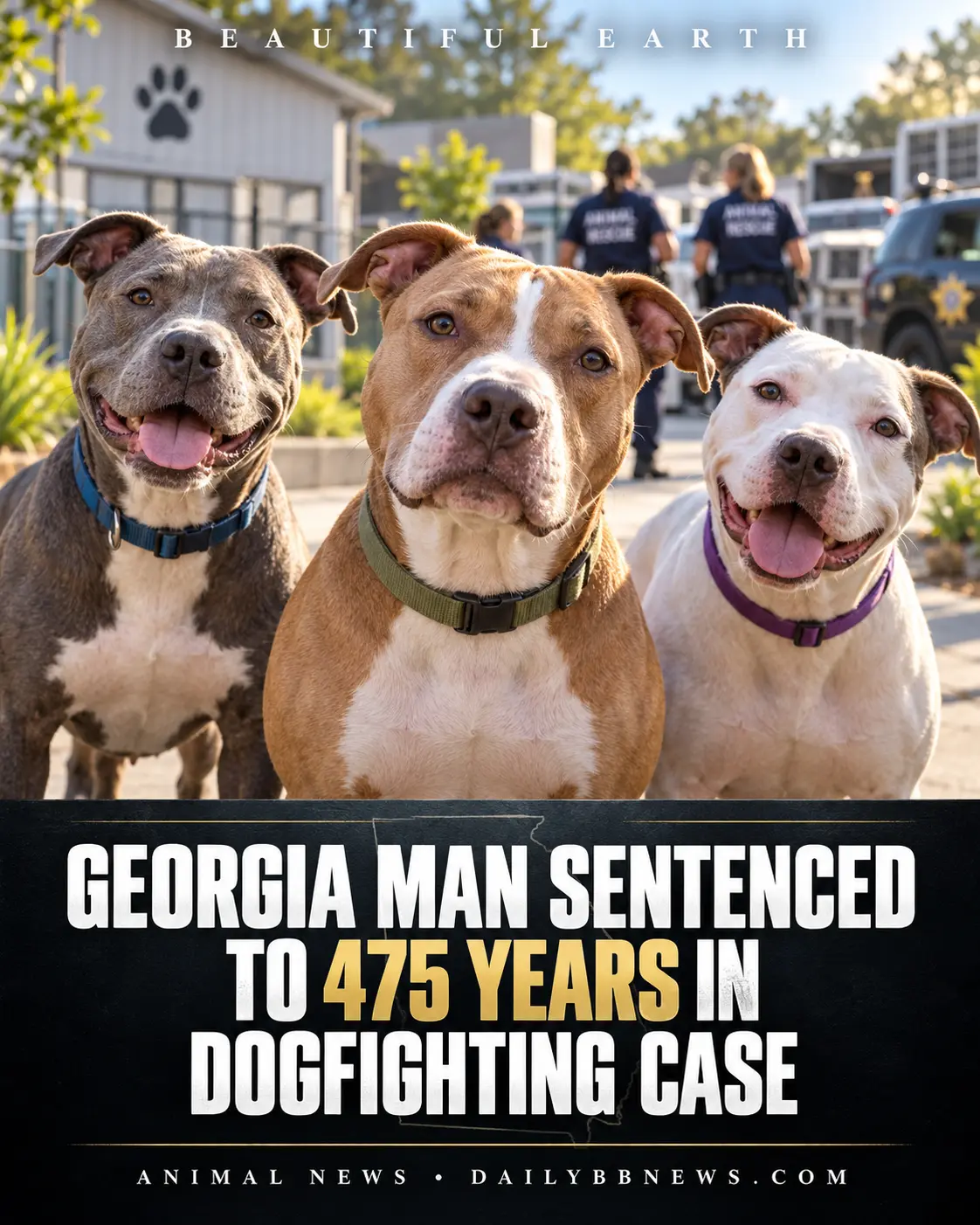 Three rescued dogs beneath the headline Georgia man sentenced to 475 years in dogfighting case