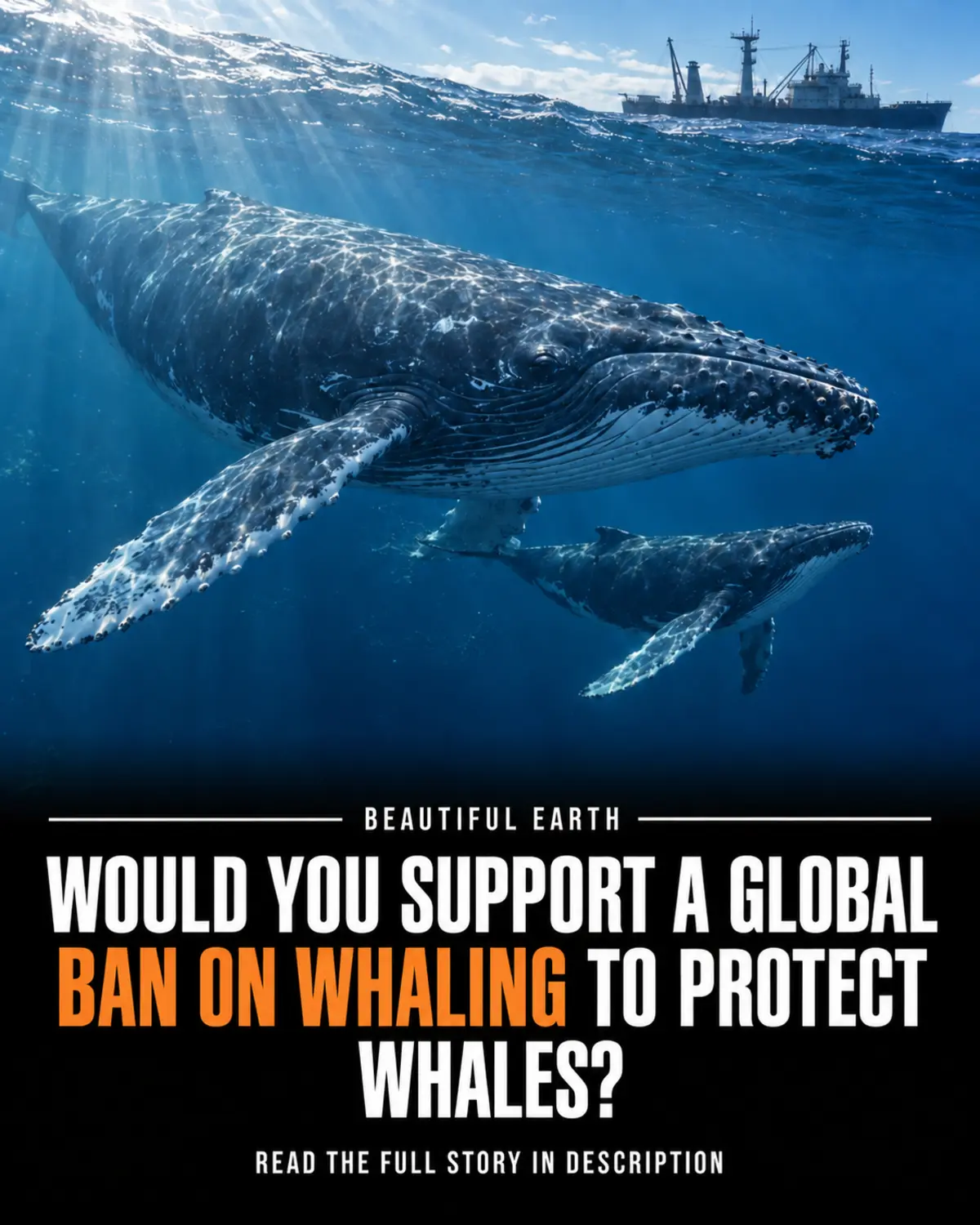 Whales beneath a vessel with a question about a global whaling ban