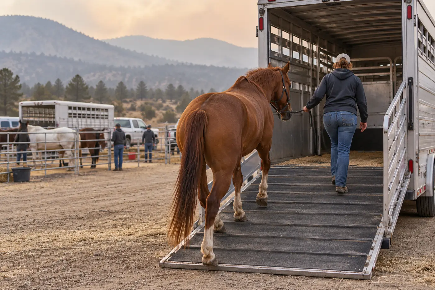 A horse being calmly led into a livestock trailer