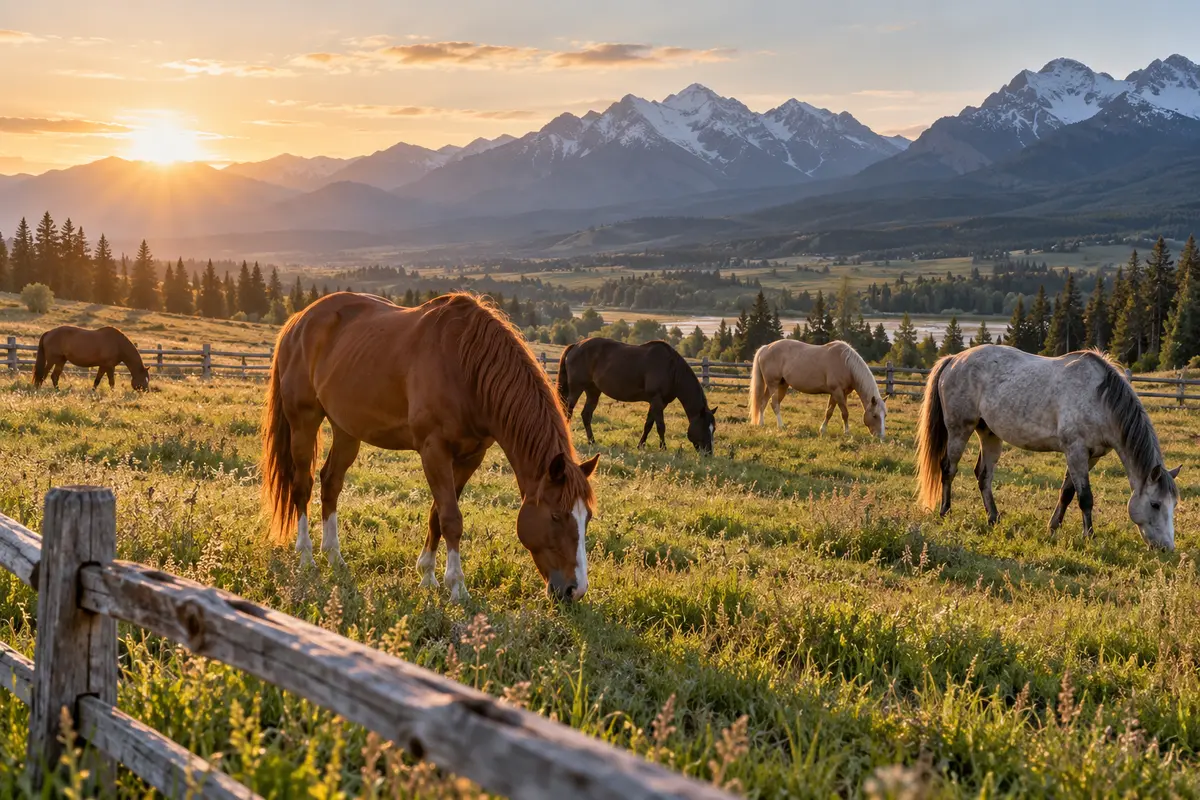 Rescued horses graze peacefully in a spacious pasture near the Alberta foothills