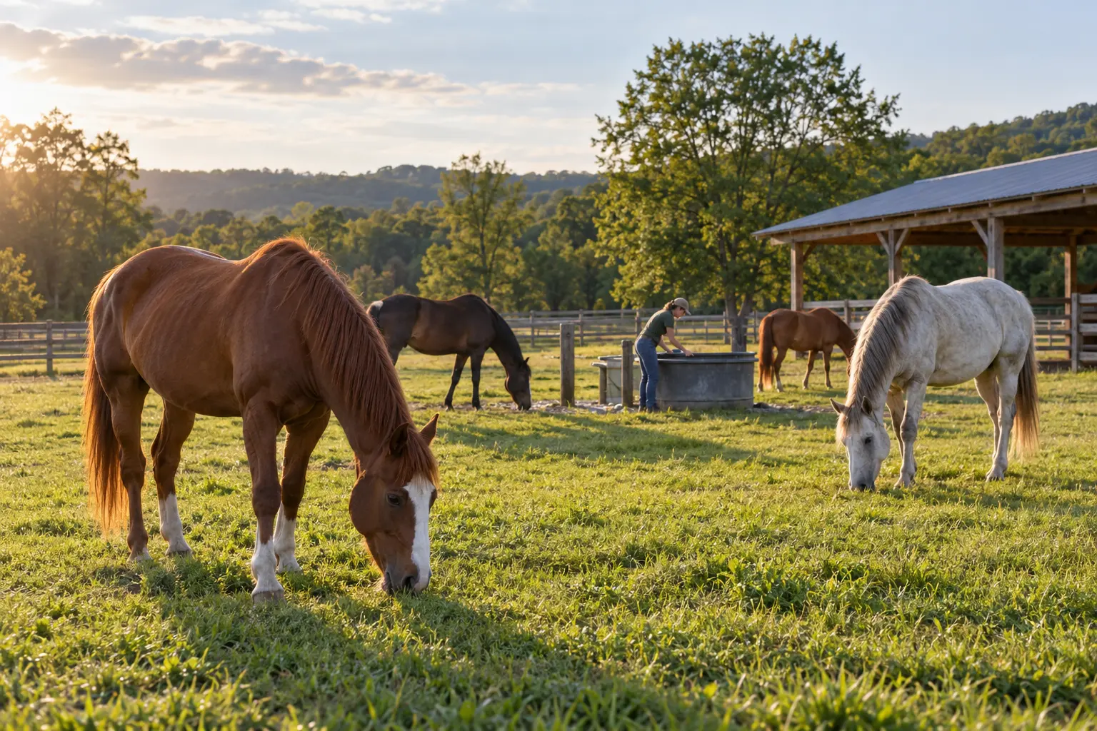 Healthy horses grazing in a spacious sanctuary pasture while a caretaker checks water
