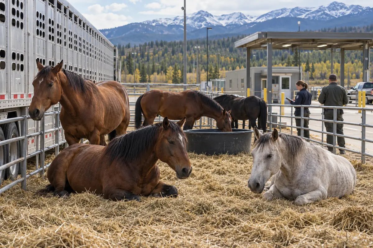 Horses rest in a clean holding pen beside a livestock trailer at a rural inspection facility