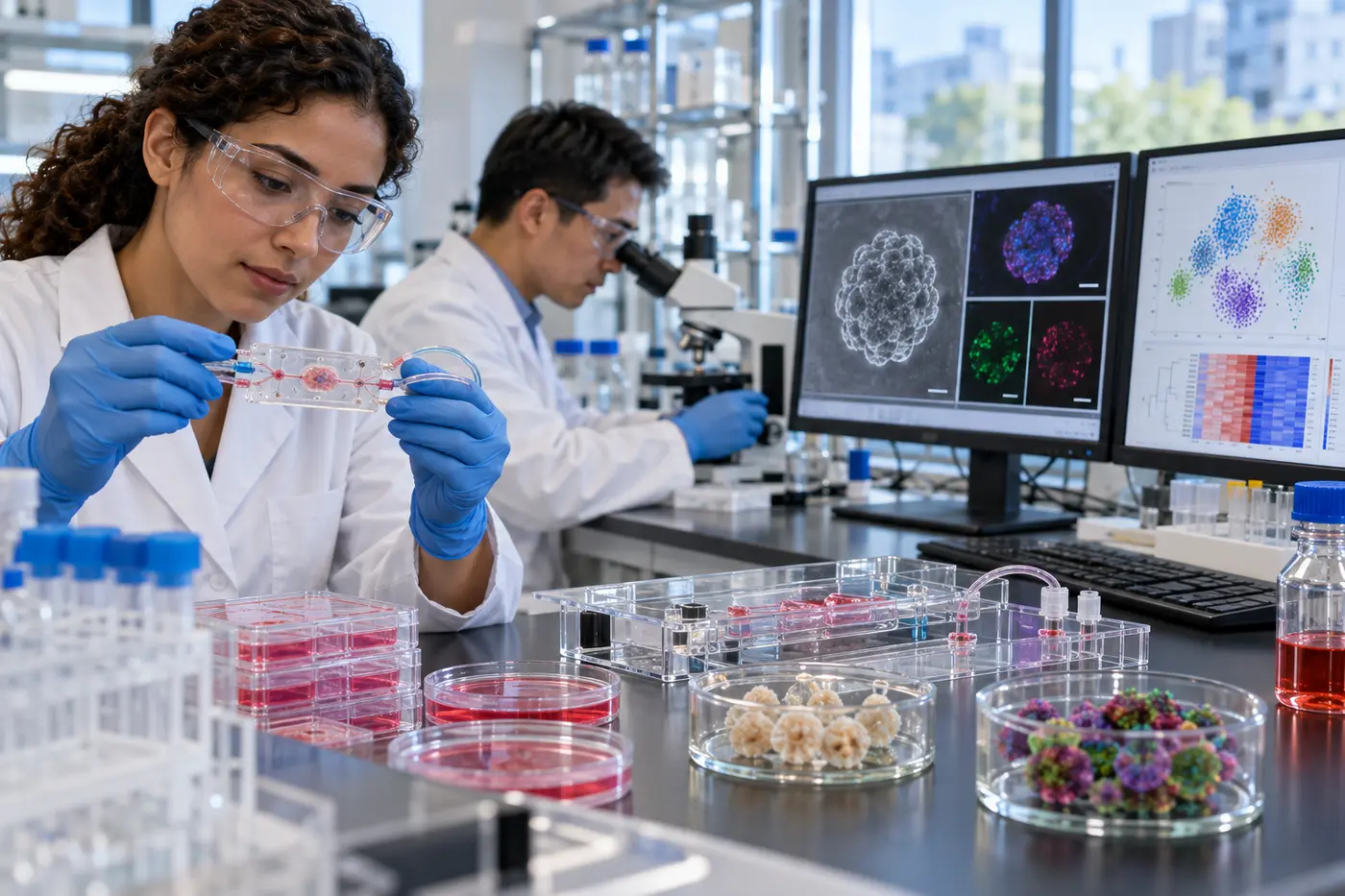 Scientists studying organ-on-chip devices and human organoid models