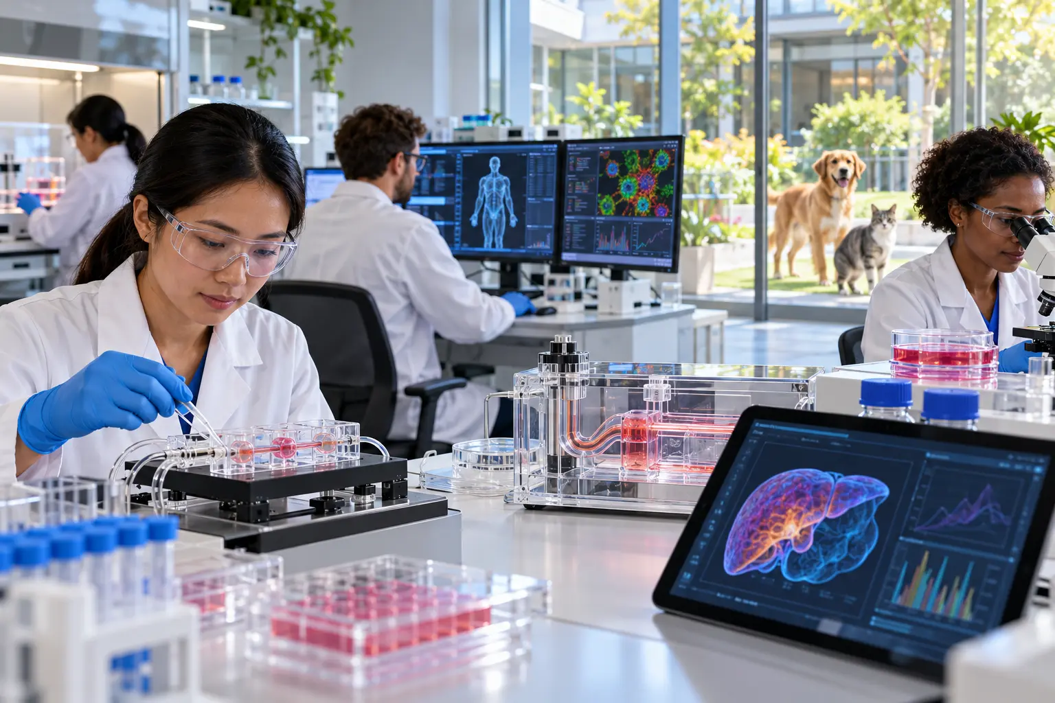 Scientists using organ-on-chip systems, human cell cultures, and computer models in a modern laboratory