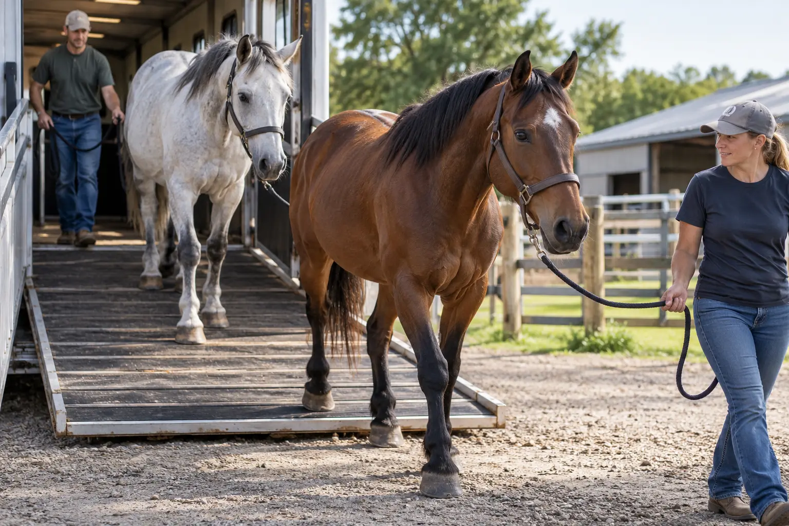Two horses calmly leaving a trailer with handlers at a sanctuary