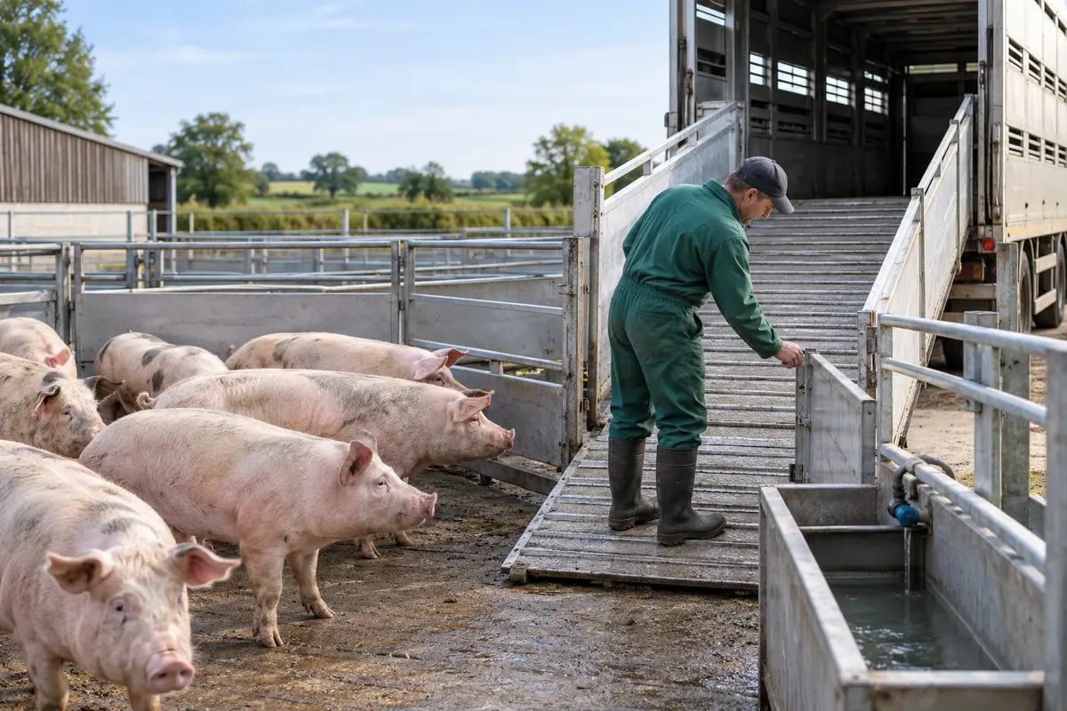 A farm worker checks a loading ramp and water access while pigs wait in a holding pen.