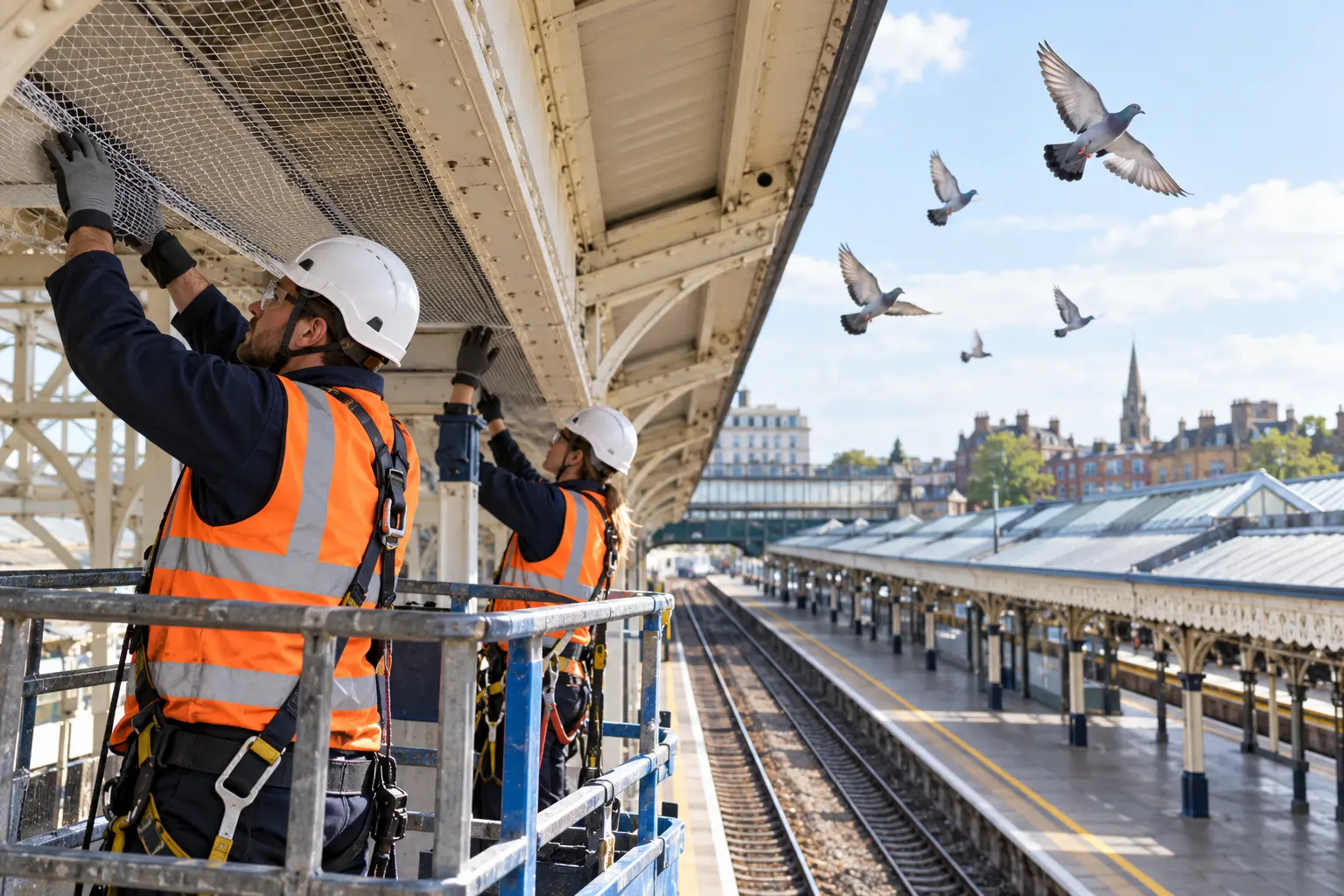 Railway maintenance workers install bird-proofing mesh while pigeons fly away safely.