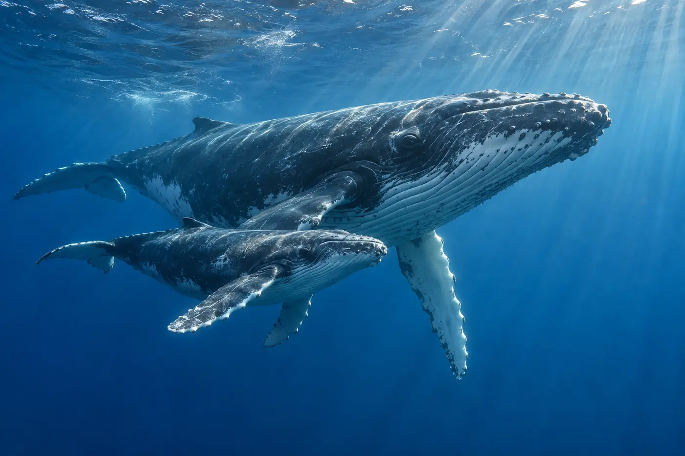 Humpback whale mother and calf swimming underwater