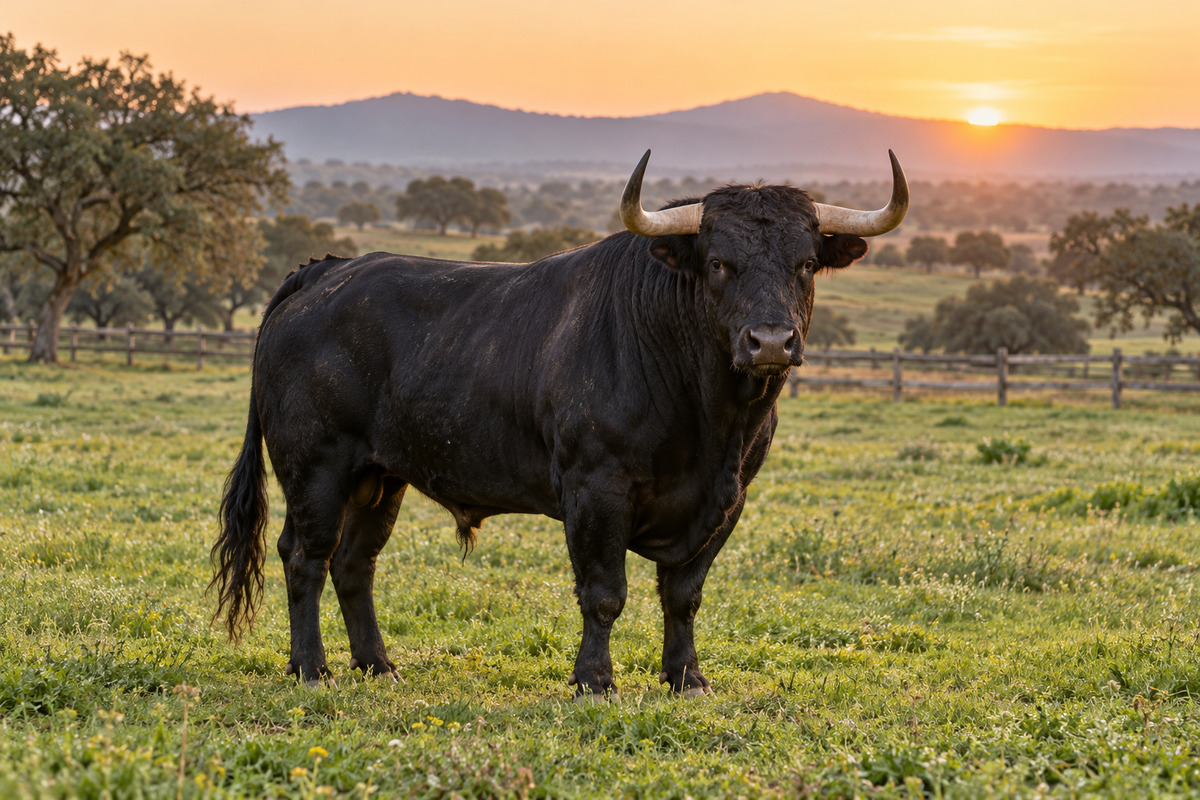 A healthy black Iberian bull standing in a green pasture at sunrise.