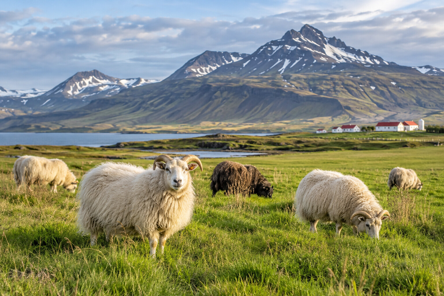 Illustrative image of Icelandic sheep grazing on open pasture beneath volcanic mountains
