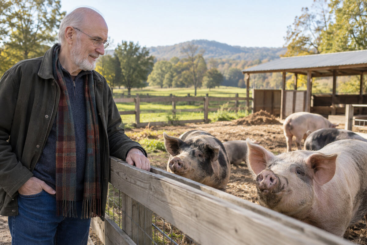 Editorial reconstruction of James Cromwell observing rescued pigs at an animal sanctuary.