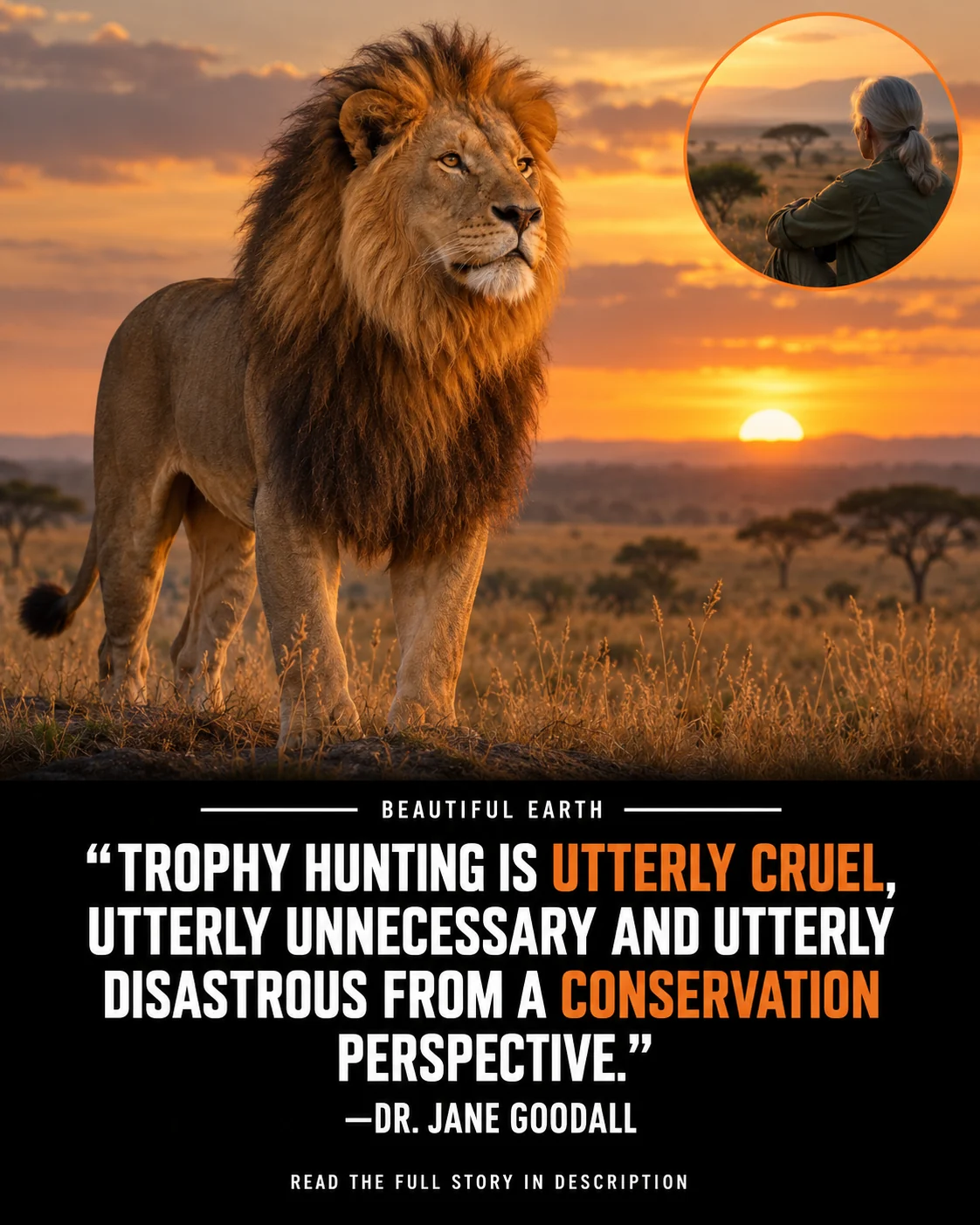A lion on the African savanna with Jane Goodall's verified quote opposing trophy hunting