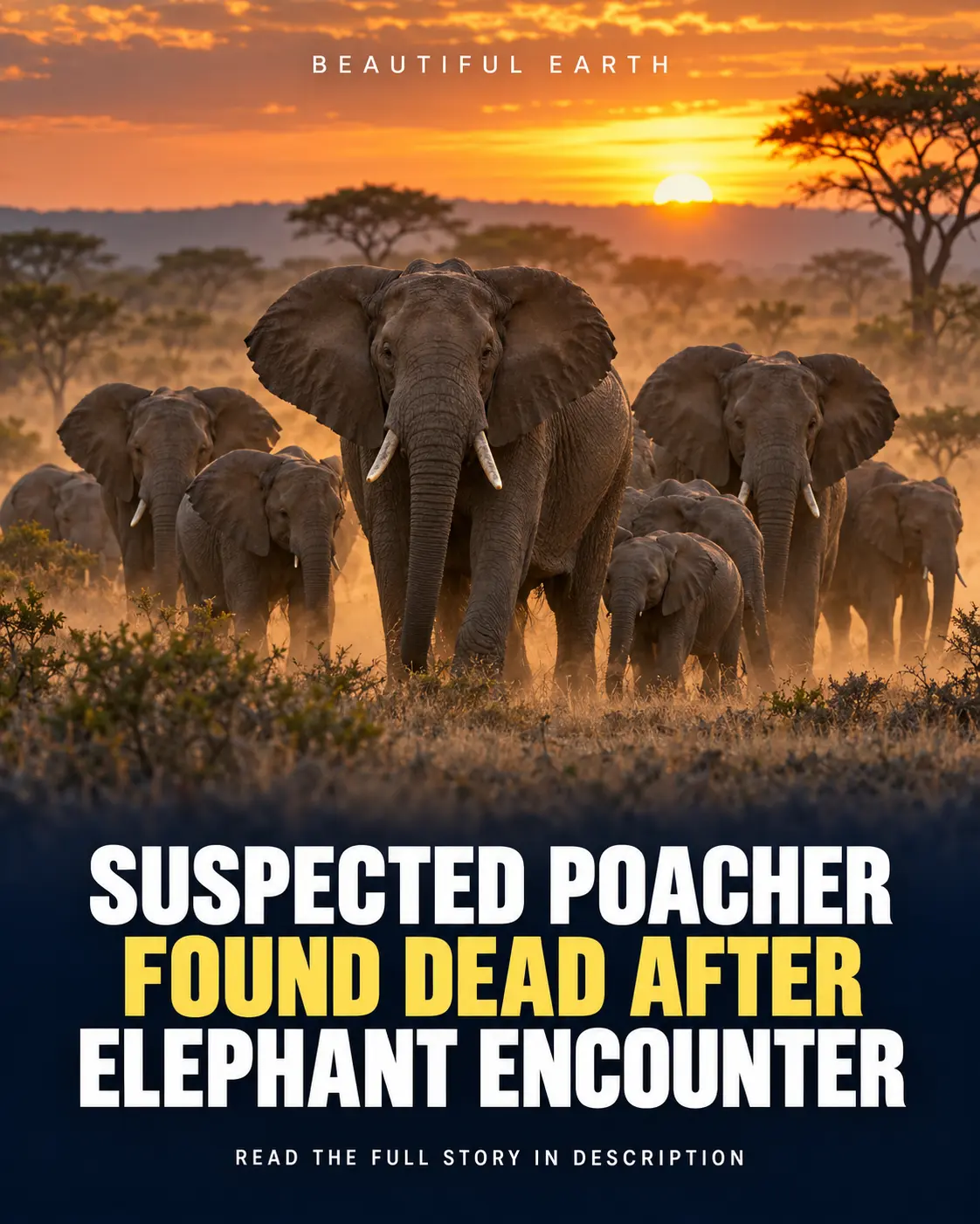 Elephant herd in Kruger National Park with a headline about a suspected poacher found dead