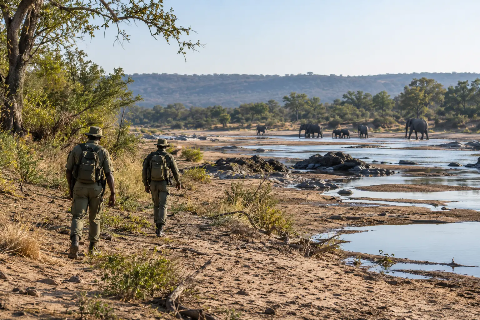 Two wildlife rangers following tracks near a river with elephants in the distance