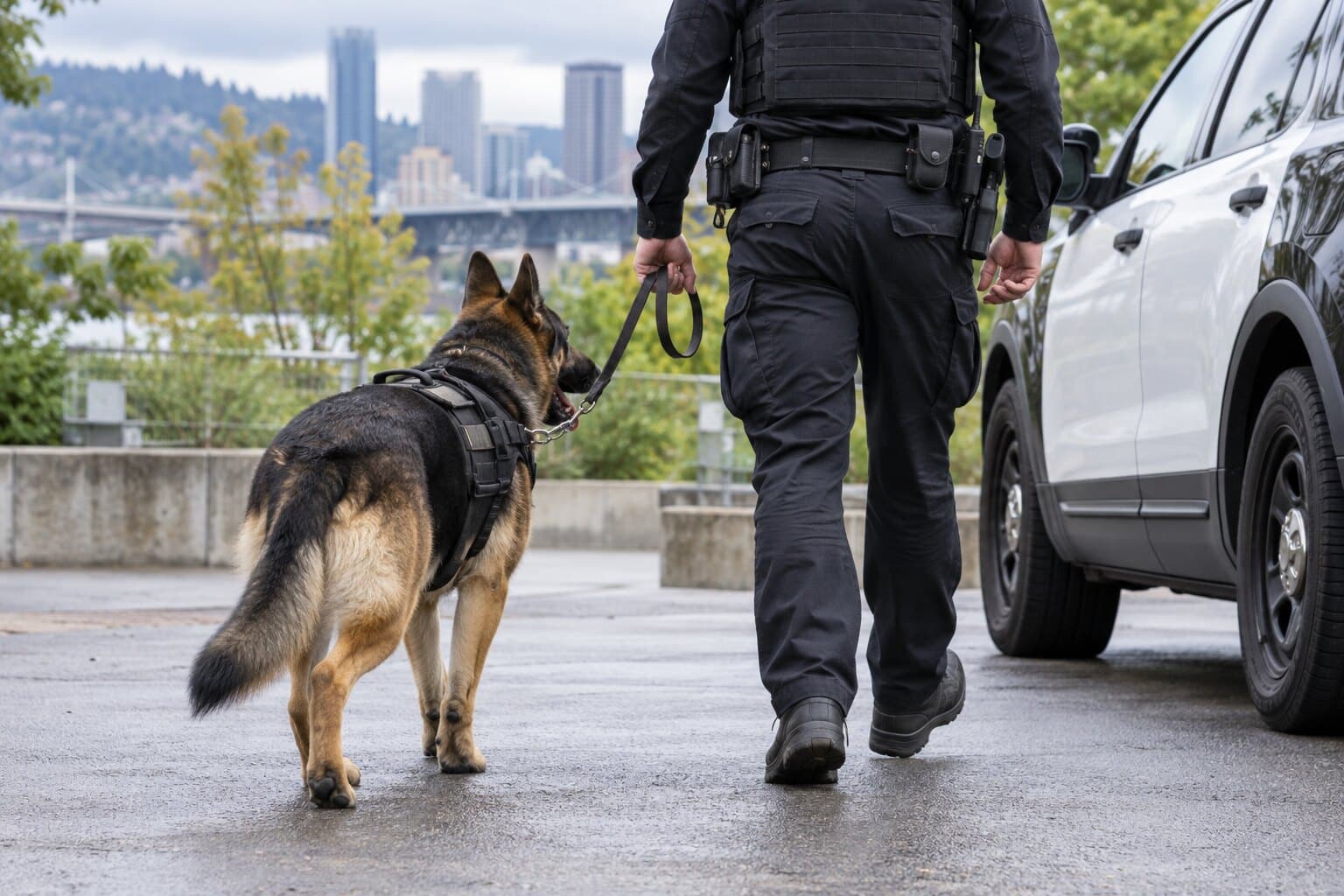 A German Shepherd police working dog walking beside its handler