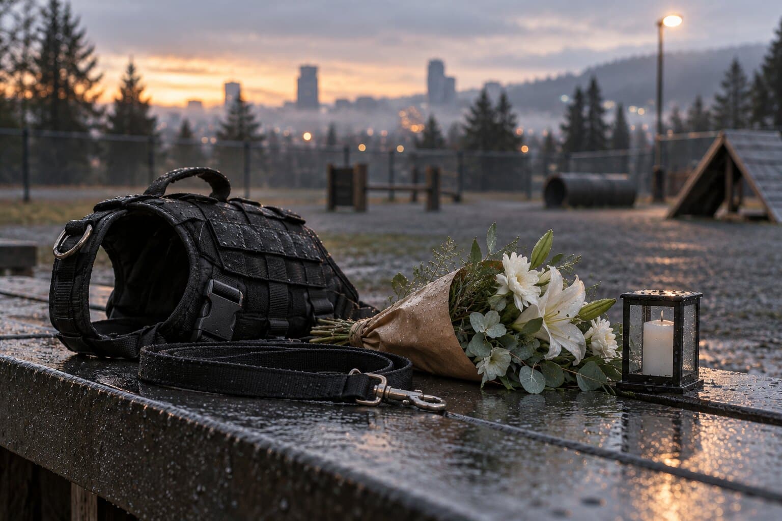 A working-dog harness, flowers and candle in a quiet memorial scene