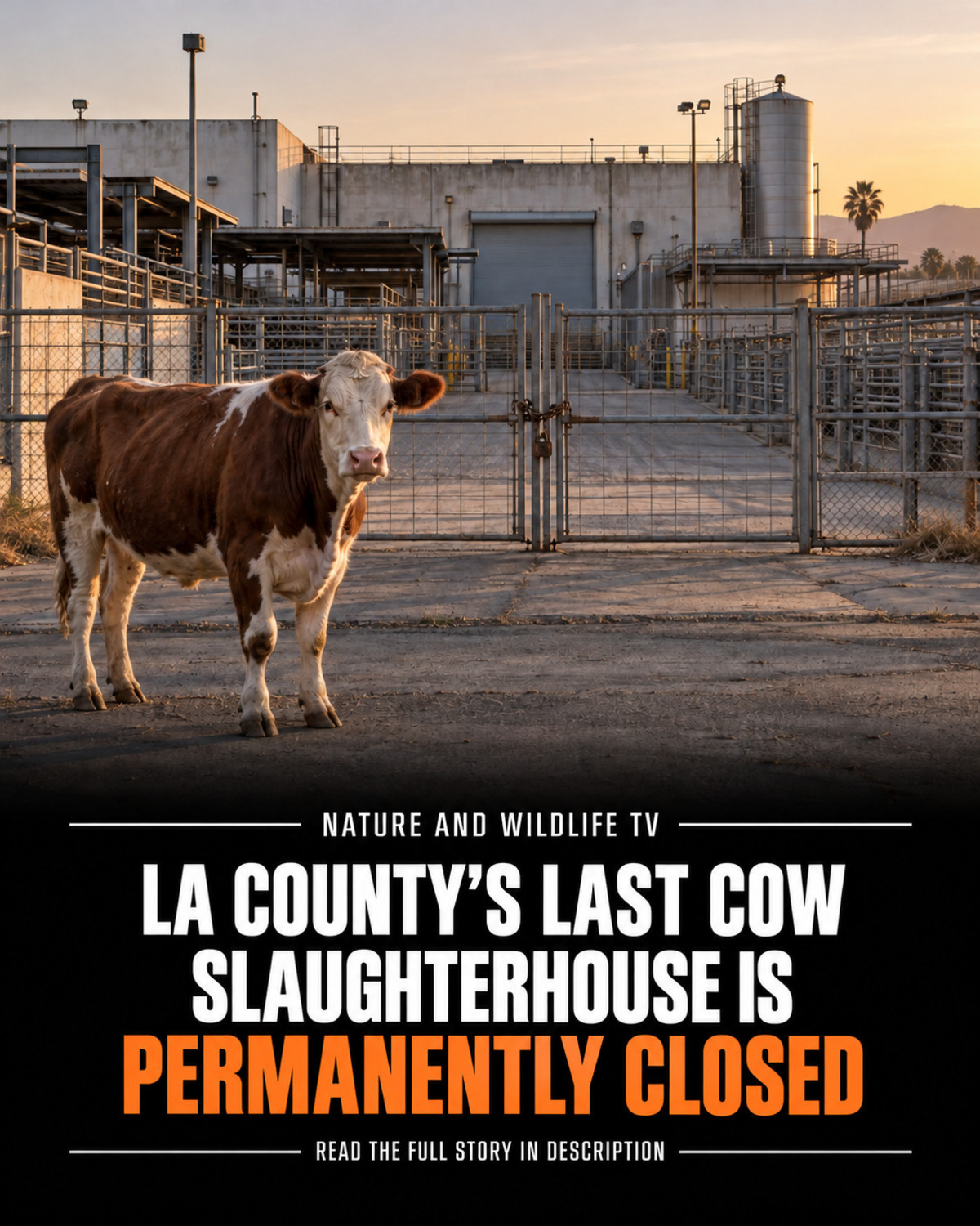 Editorial reconstruction of a cow outside a shuttered industrial cattle-processing facility.