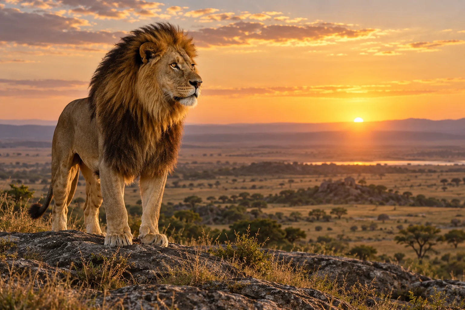 A mature male lion standing alive in an African savanna at sunset