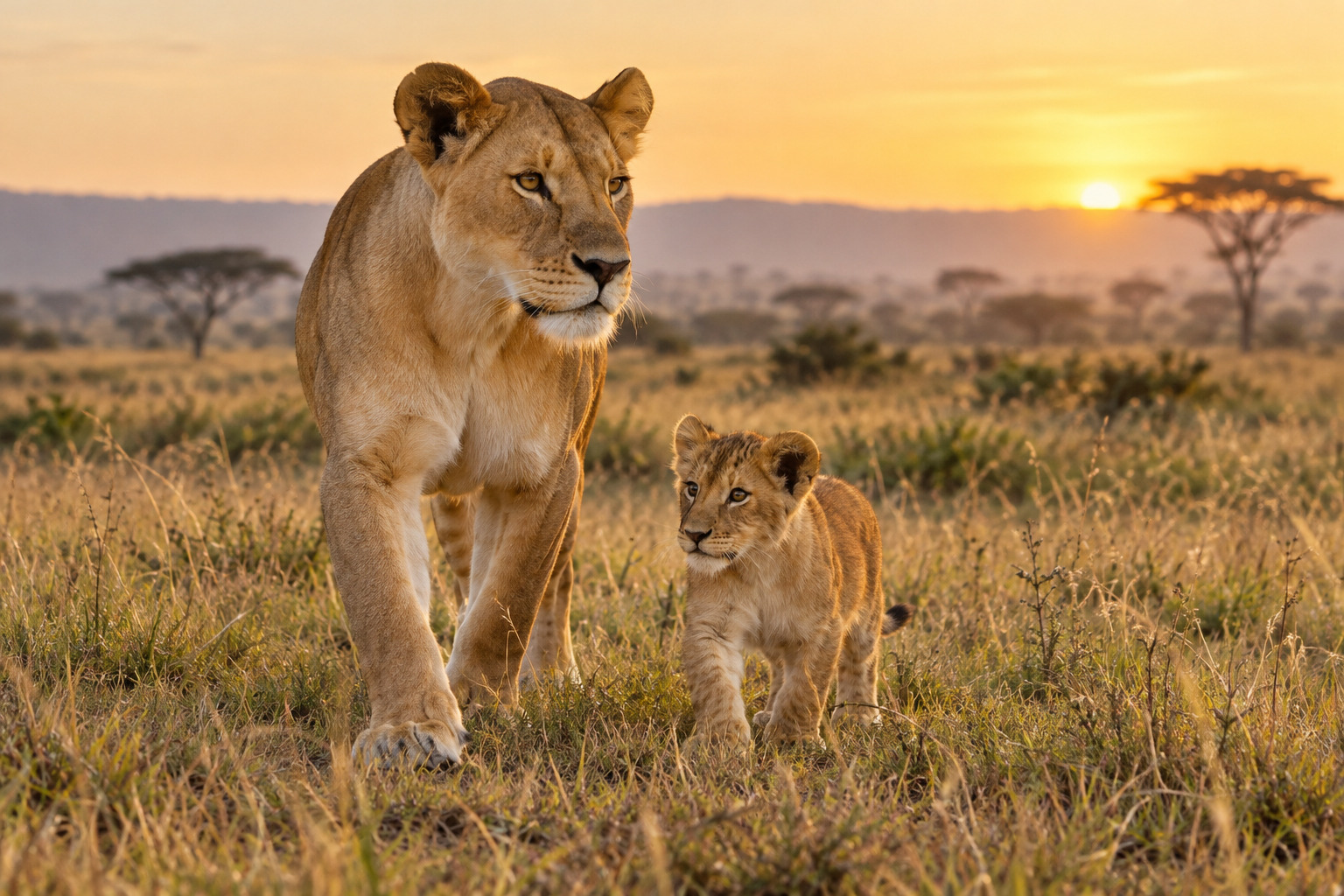 A lioness walking beside her cub in open savanna habitat.