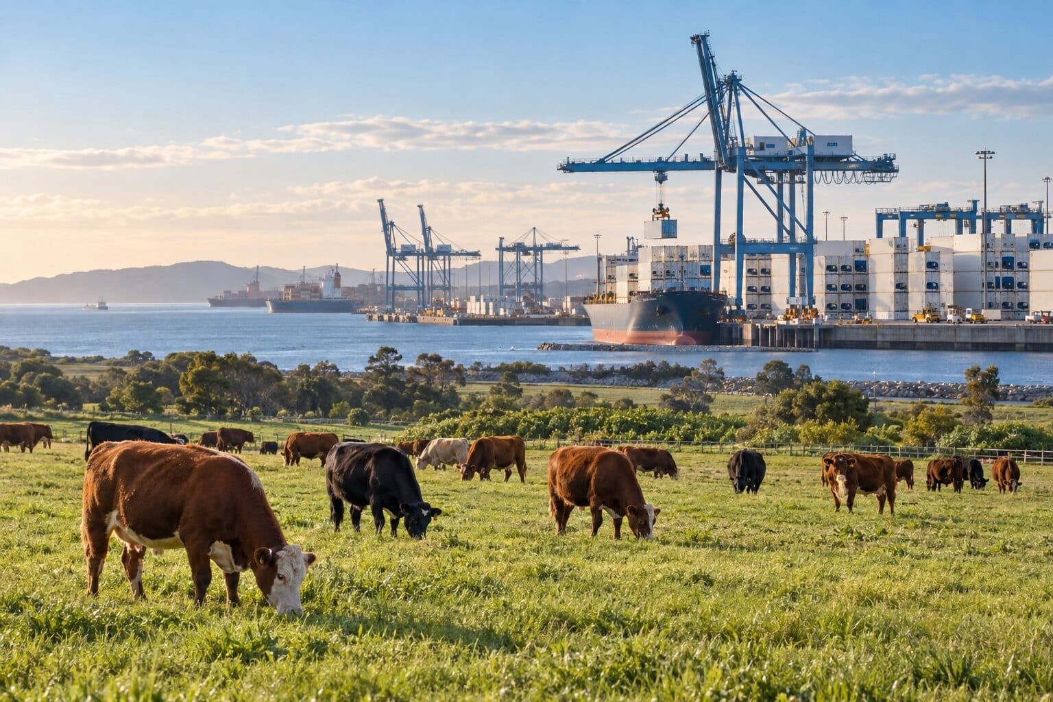 Cattle grazing near a port handling refrigerated cargo
