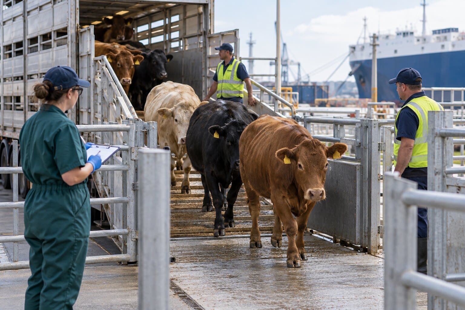 Cattle moving through a regulated transport inspection area at a port
