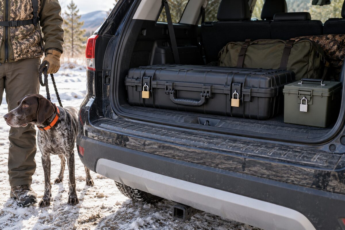 Closed locked firearm case and separate locked ammunition box in a vehicle while a leashed hunting dog waits outside.