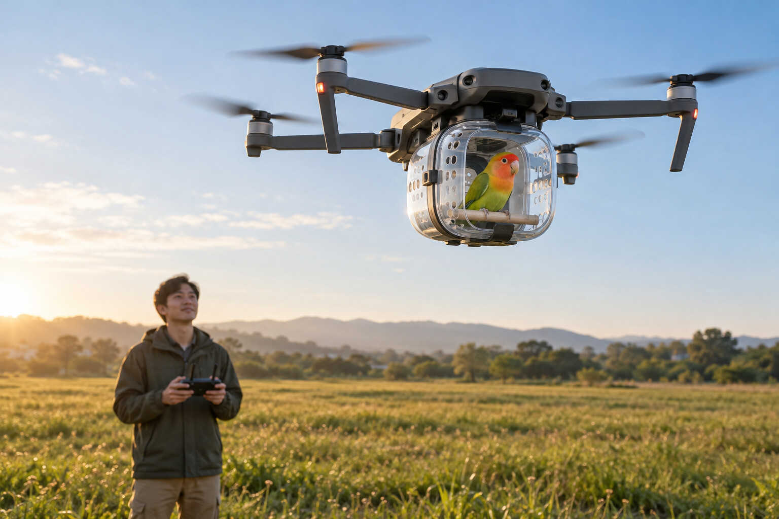 Lovebird riding in a secure drone capsule during a low flight over a field
