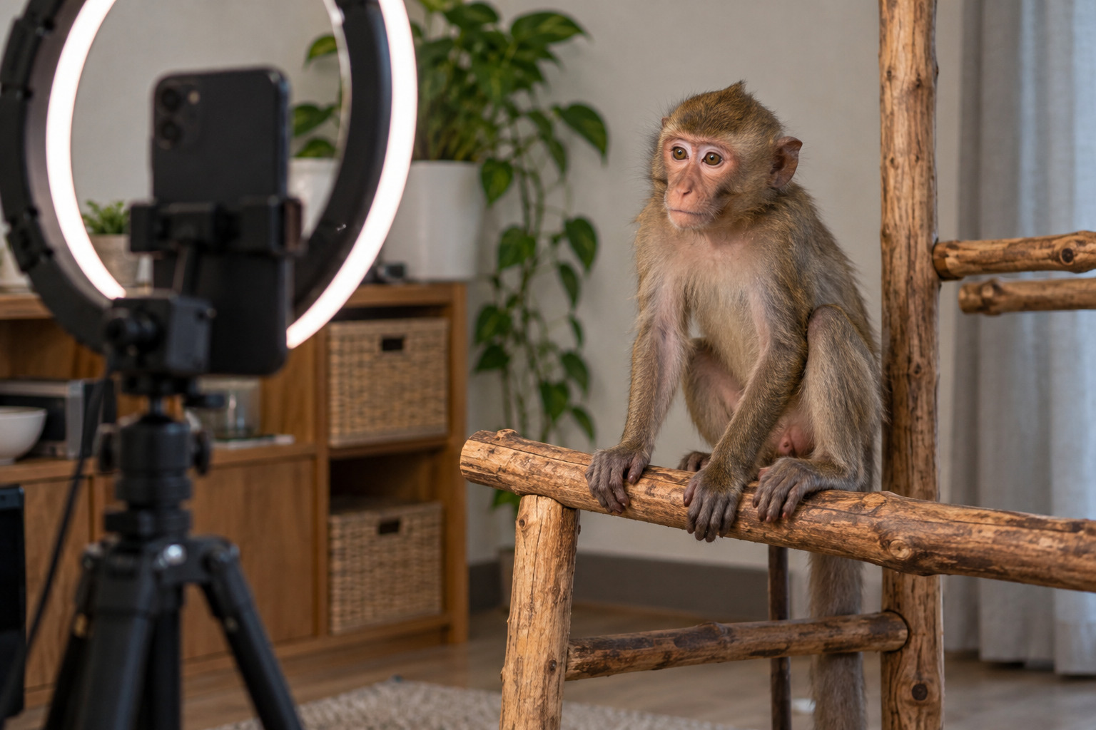 A juvenile macaque sitting on a wooden perch in front of a smartphone and ring light.